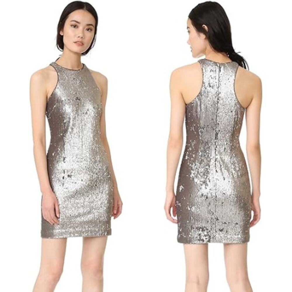 Halston Heritage Racerback Sequined Mini Dress Women's S Silver Disco Night Out